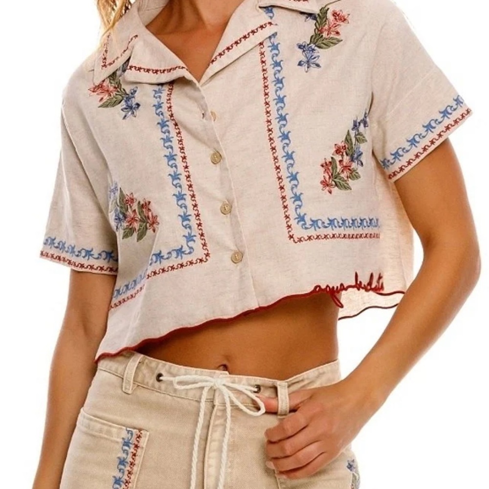 Agua Bendita Floral Embroidered Beige Crop Top